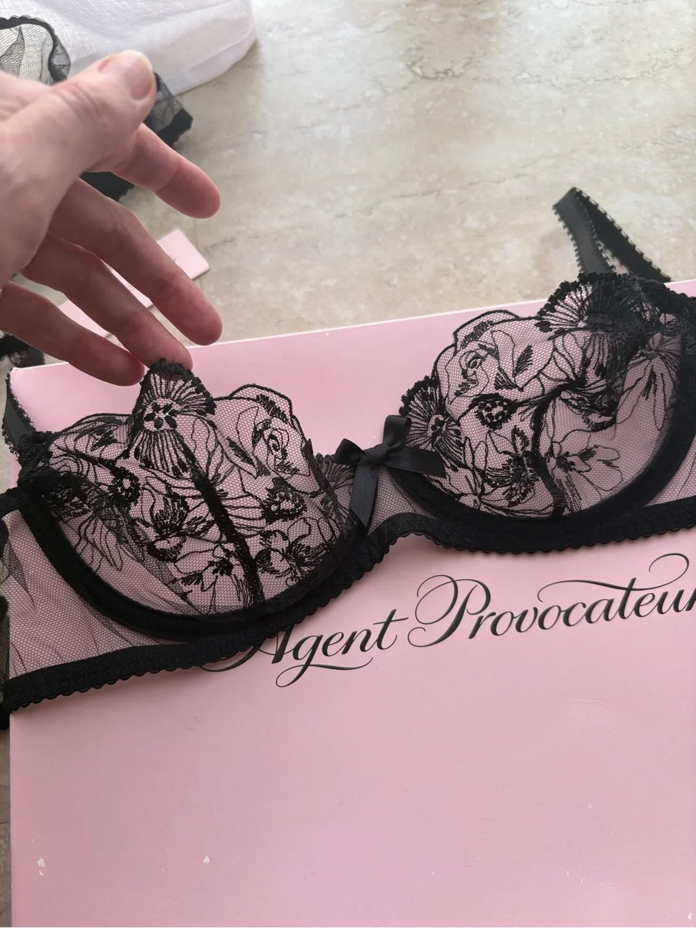 Agent Provocateur Black Sheer Floral Lace Bra & Brief Set 32C